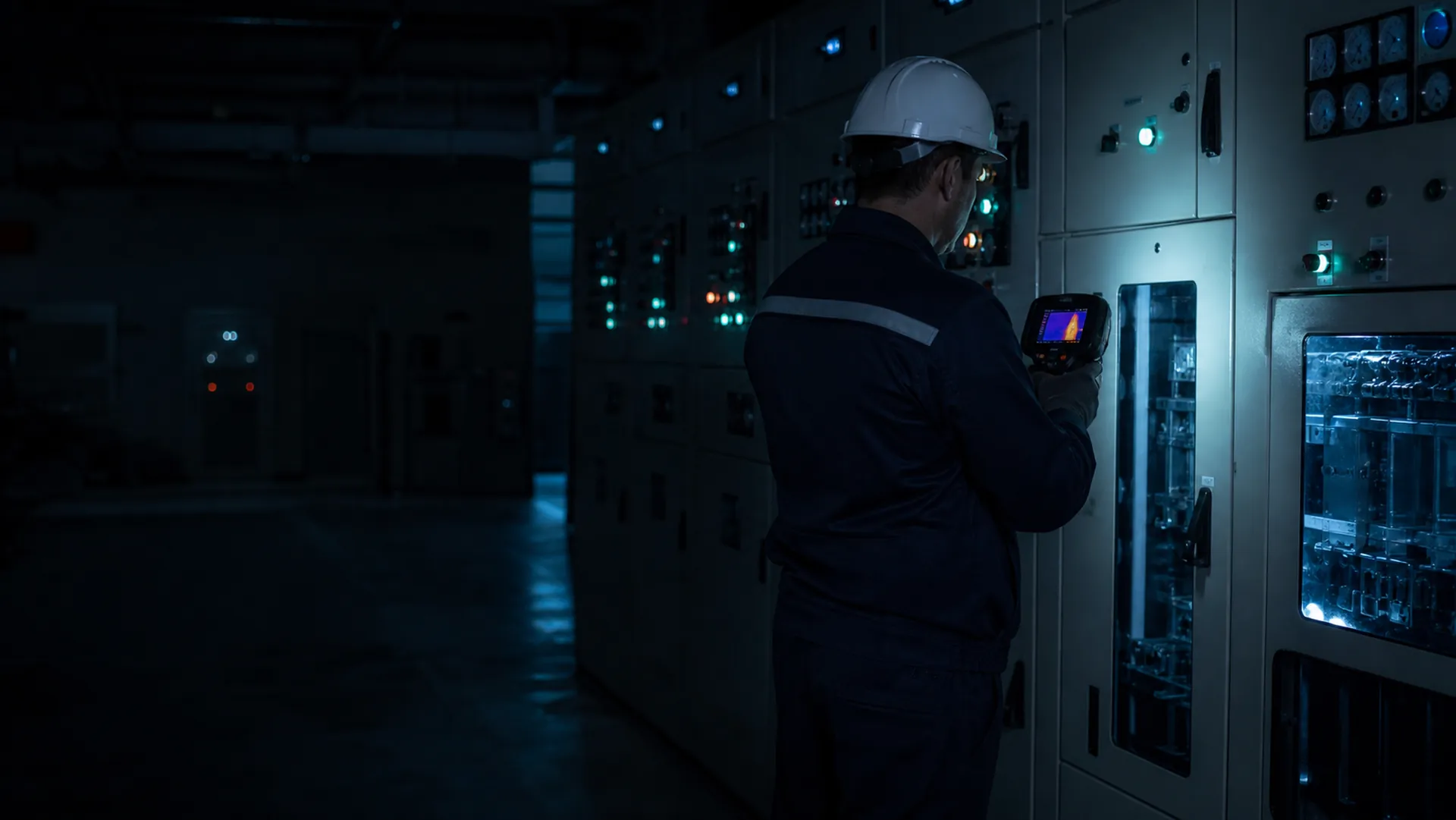 Engenheiro da MPower realizando inspeção termográfica em painel elétrico industrial